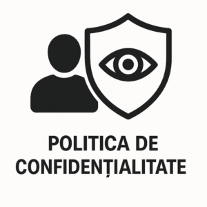 Pictograma neagră a unei persoane l&acirc;ngă un scut cu simbolul unui ochi; textul rom&acirc;nesc de dedesubt spune "Politica de Confidențialitate", adică "Privacy Policy".