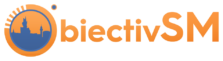 Logo-ul ObiectivSM de culoare portocalie, care prezintă un design circular cu o siluetă a orașului și textul "ObiectivSM" &icirc;n dreapta, subliniind subiecte precum eliberarea cazierului auto online pentru confortul dumneavoastră.
