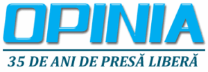 Logo-ul cu cuv&acirc;ntul "OPINIA" cu litere mari albastre deasupra textului rom&acirc;nesc "35 de ani de presă liberă", care marchează 35 de ani de presă liberă, are un design subtil inspirat de certificatul constatator oficial.