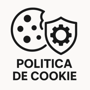 Contur negru al unei prăjituri mușcate și al unui scut cu un angrenaj &icirc;n interior, deasupra textului "POLITICA DE COOKIE" pe fond alb.