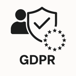 Pictogramă neagră reprezent&acirc;nd o persoană, un scut cu o bifă, un cerc de stele și textul "GDPR" dedesubt, reprezent&acirc;nd protecția datelor și conformitatea cu GDPR.